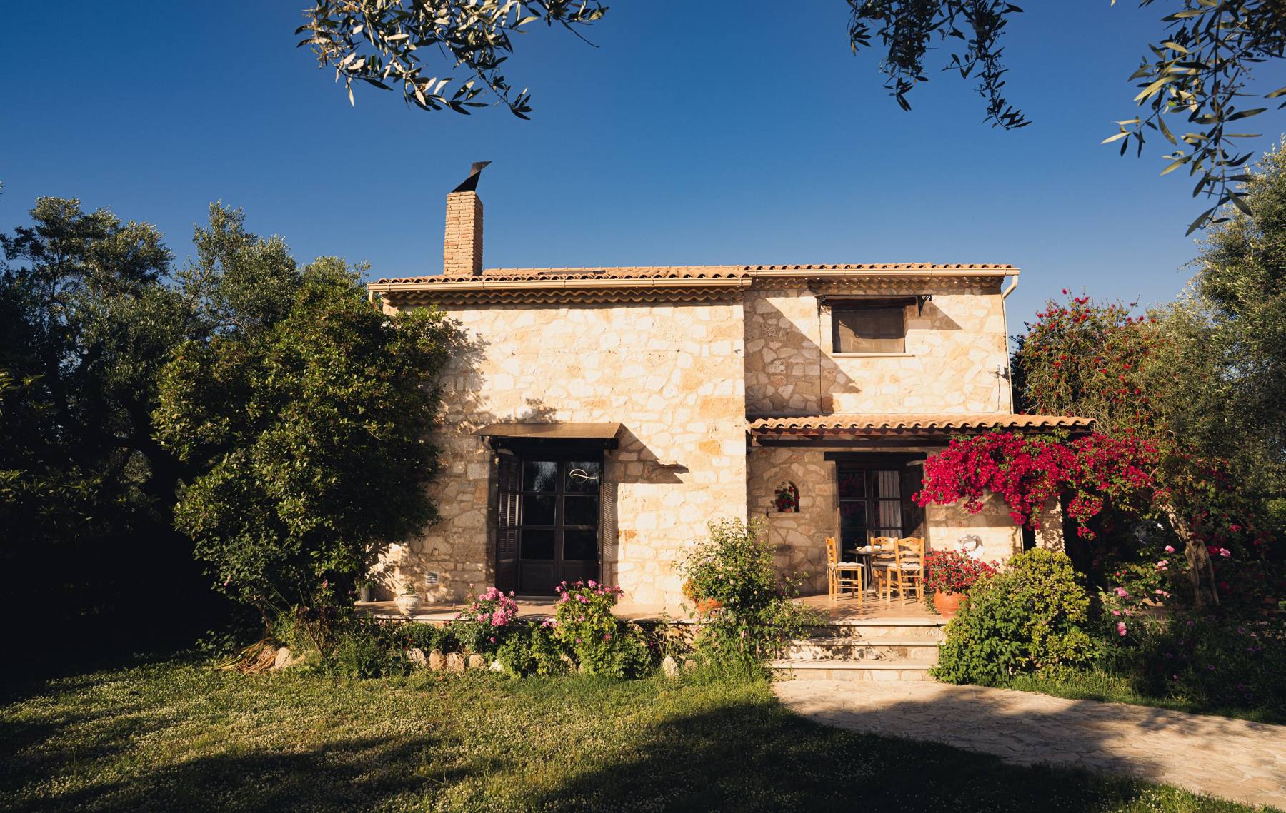 Stone villa facade with bougainvillea and an olive tree