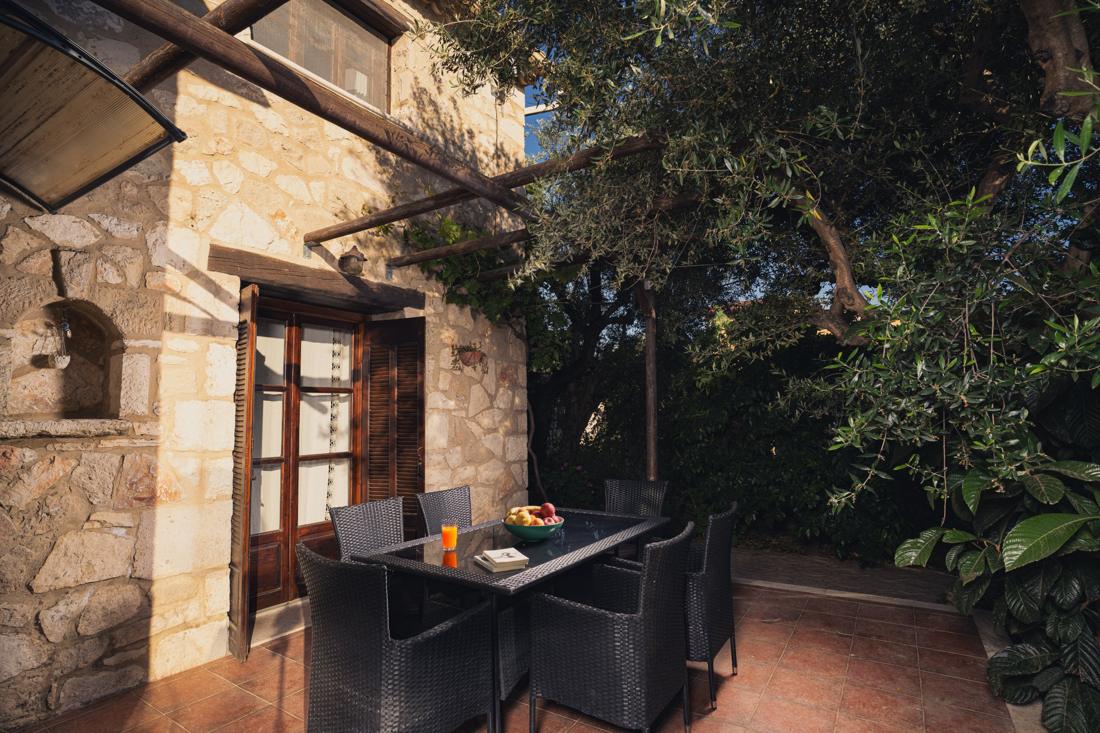 Covered terrace with a dining table under a vine pergola